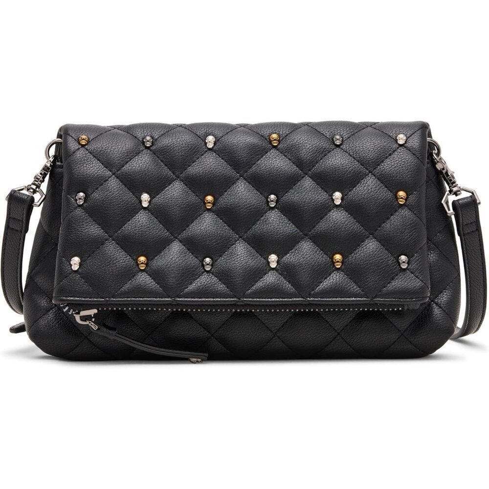 Quilted Tunnel Flap Bag Womens Crossbody Clutch Skull Studs Zipper